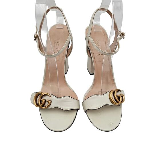 Gucci GG Logo Marmont Block High Heel Sandal White Leather Gold Size 38.5 US 8.5 - Picture 3 of 11